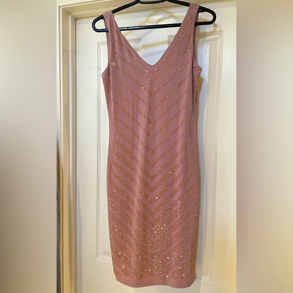 Carmen Marc Valvo rose blush sleeveless party dress with gold details